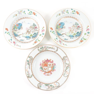 Lot 363 - A Chinese armorial porcelain soup plate, Qianlong: and a pair of soup plates