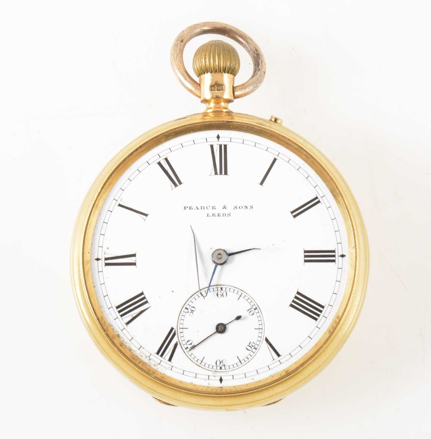 Lot 217 - Pearce & Sons Leicester -an 18 carat yellow gold open face pocket watch