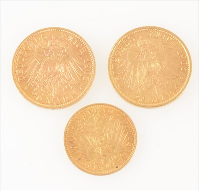 Lot 360 - Two 20 Mark Gold Coins and a 10 Mark Coin.