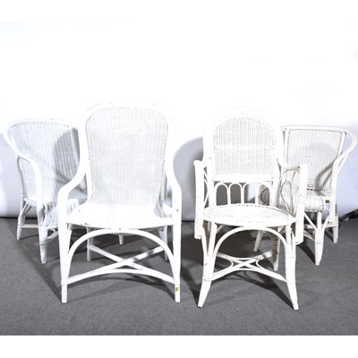 Lot 474 - Four various white painted cane conservatory chairs.