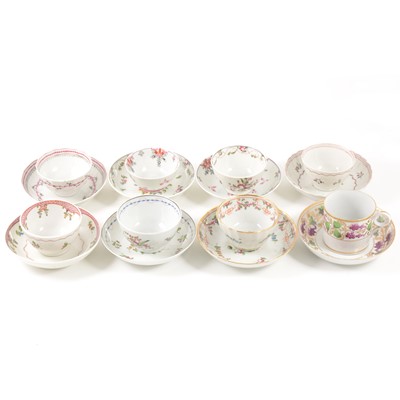 Lot 375B - New Hall, coffee can and saucer, circa.1800, decorated with fruiting vine bands, together seven New Hall tea bowls and saucers etc