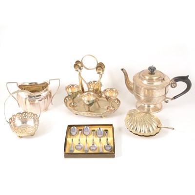Lot 124 - A silver teapot, two silver topped perfume bottles and box of plated wares.