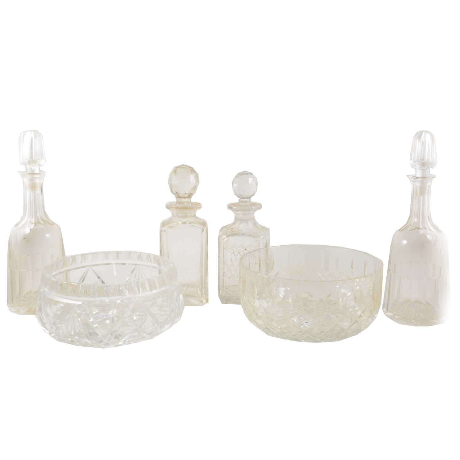 Lot 27 - Pair of cut-glass mallet shaped decanters, spirit decanters, and fruit bowls