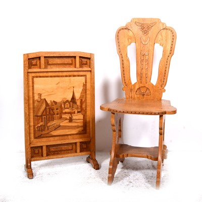 Lot 372 - A contemporary craftsman made oak single chair and similar inlaid fire-screen