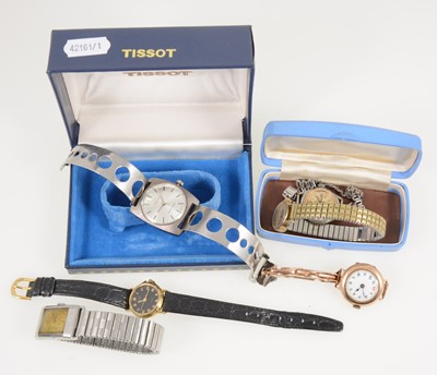 Lot 1380 - Six vintage wrist watches - Omega, Tissot, Roamer, one 9 carat gold.