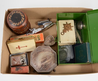 Lot 1398 - Silver trinket box, small car mascot, medals etc