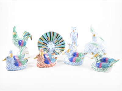 Lot 97 - A Herend porcelain group of two Rabbits, 17cm; Hen; Peacock; Owl; and four Duck groups, (8).