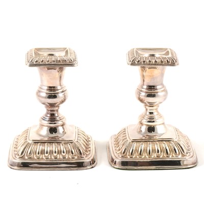 Lot 213 - A pair of silver squat candlesticks,  Baker Ellis, Birmingham, 1987