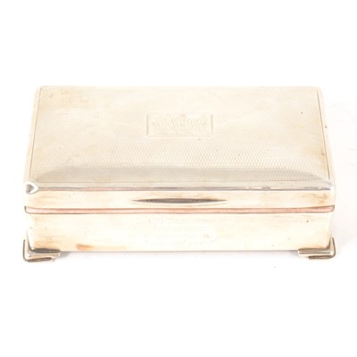 Lot 180 - A silver cigarette box with engine turned cover by Thomas William Lack, London 1931