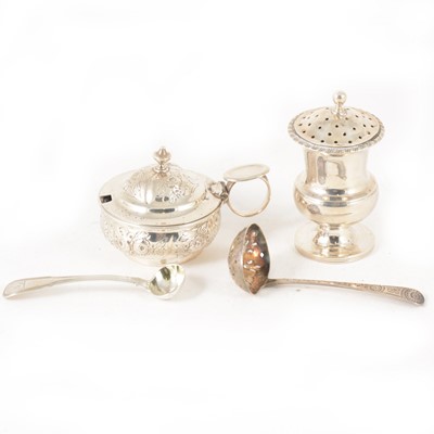 Lot 181 - A Georgian silver mustard pot, London 1813, and small caster, silver sifting spoon.