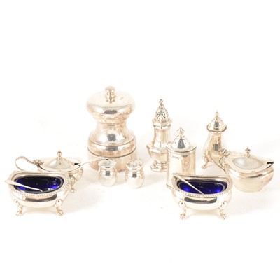 Lot 196 - Ten various silver condiments, a pair of salts, pepper mill, mustard pots, and peppers.