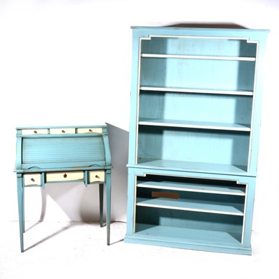 Lot 122 - A modern suite of painted 'duck egg blue' bookshelves and similar cylinder front bureau.