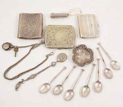 Lot 1223 - Two silver cigarette cases, one metal, cheroot holder in case, plated spoons, small dish etc.