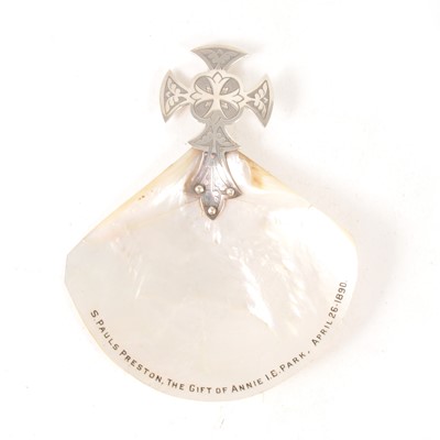 Lot 186 - A cased christening shell in mother-of-pearl "St Pauls Preston" dated 1890.