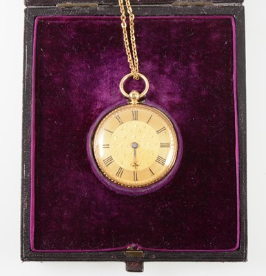 Lot 193 - A small 18 carat yellow gold open face pocket watch and neck chain.