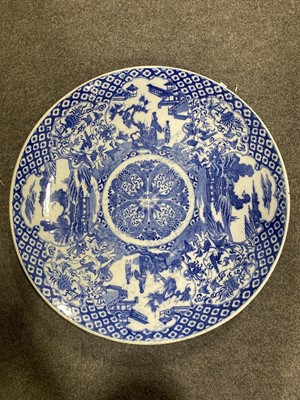 Lot 10 - A large Chinese blue and white charger, seven Staffordshire pot lids, and decorative plates.