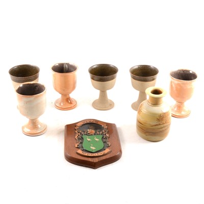 Lot 72 - Two sets of three studio pottery stoneware goblets, and Masonic items.
