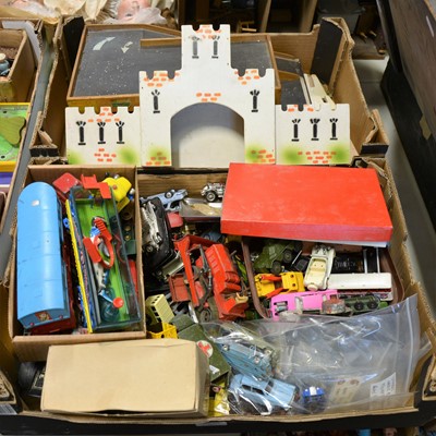 Lot 300 - Die-cast models and toys; a good quantity including Dinky, Matchbox and others, along with two toy wooden fort.