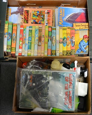 Lot 174 - Toys and children's books; including one box of 1960s Enid Blyton books, action figures, Robo-Cop, and other toys.
