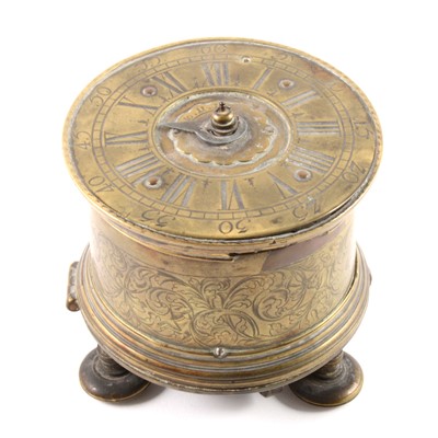 Lot 150 - A Charles II style brass drum-shape table clock, 17th Century
