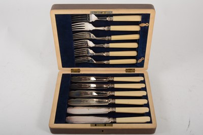 Lot 143 - A small selection of silver-plated cutlery, mahogan tea caddy, hand tools, etc