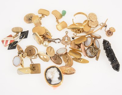 Lot 1355 - A collection of cufflinks, two brooches, cut wedding band.