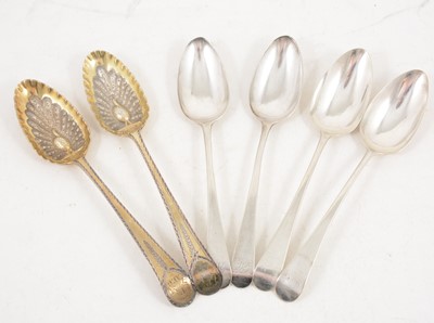 Lot 1190 - A pair of silver gilt spoons and two other pair of spoons