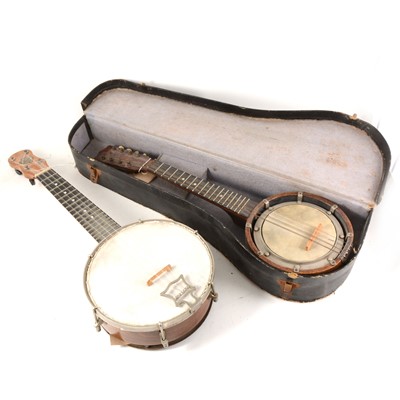 Lot 69 - Two Ukulele Banjos, one by John Grey, 56cm full length, the other without makers marks, 55cm full length, one with fitted case.