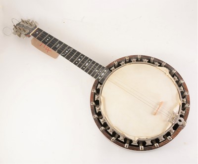 Lot 68 - A 5 string Piccolo Zither banjo, seventeen frets, mother-of-pearl inlay to neck, 17cm full length.