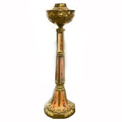 Lot 1493 - A brass oil lamp with porcelain panelled column