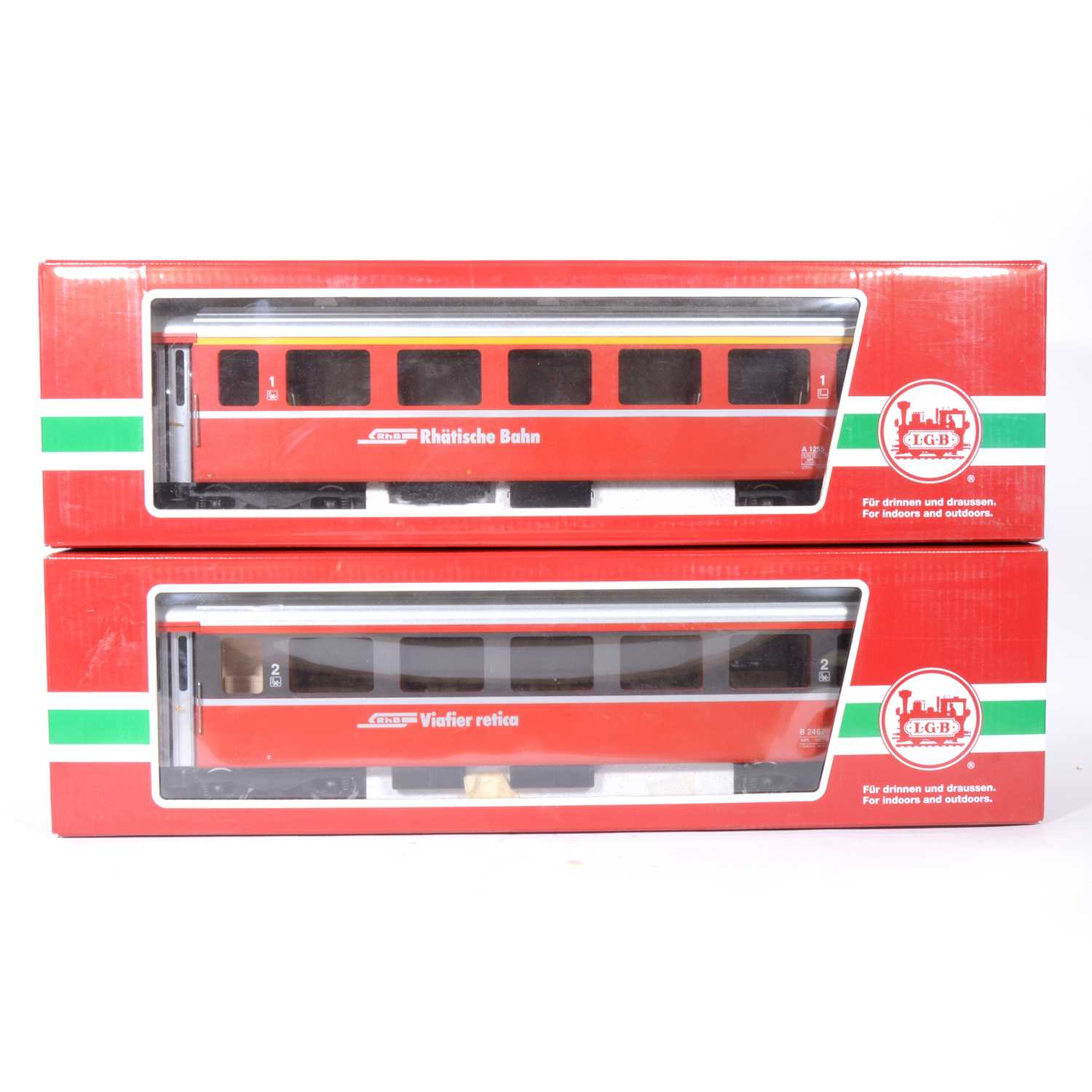 Lot 92 - Two LGB G scale, passenger coaches 'Rhatische Bahn', no.33670 and another similar no.34670, both boxed (2).