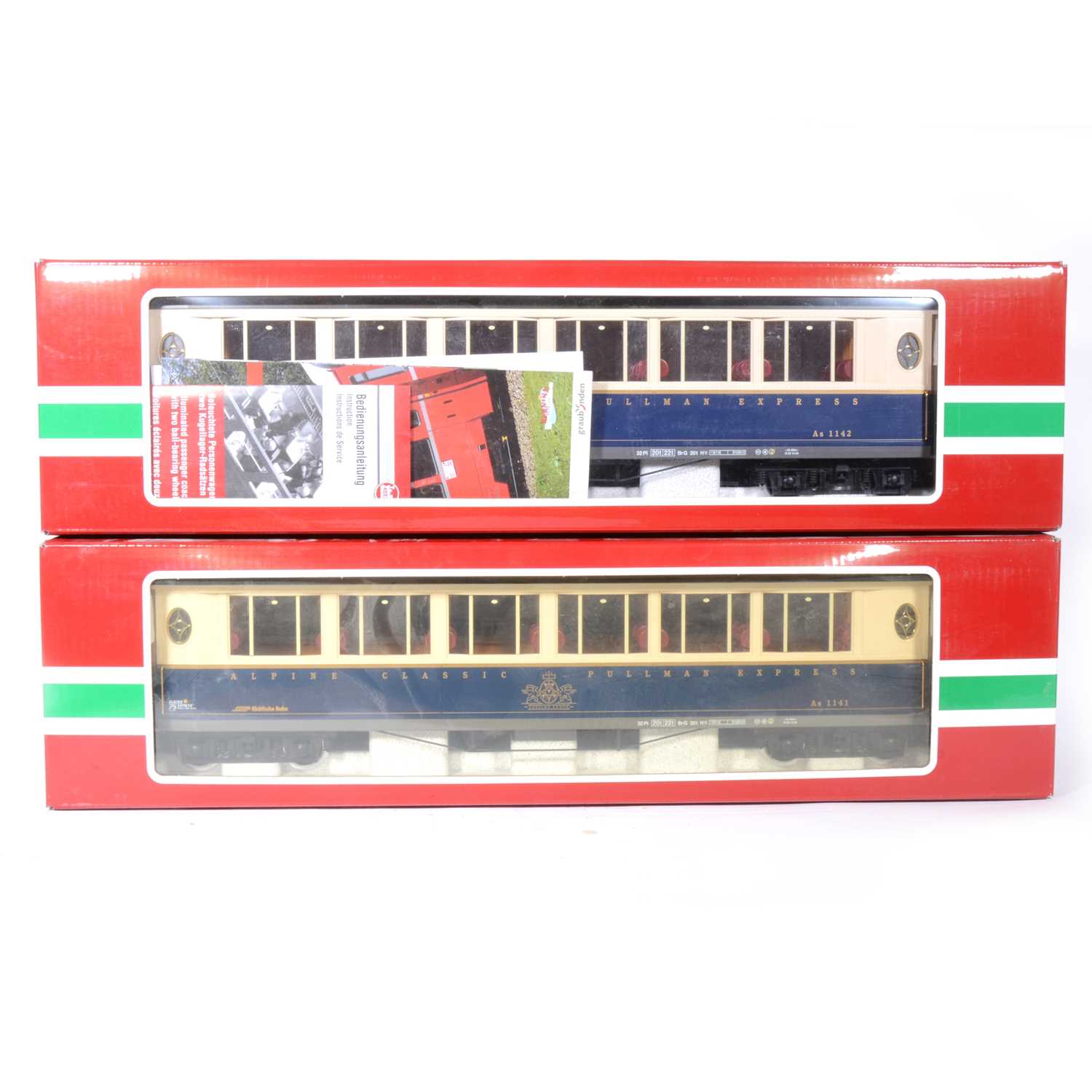 Lot 93 - Two LGB G scale, passenger coaches Rhb 75 Jahre Glacier Express car, no.36650 and a similar no.36653 (x2), all boxed, (3).