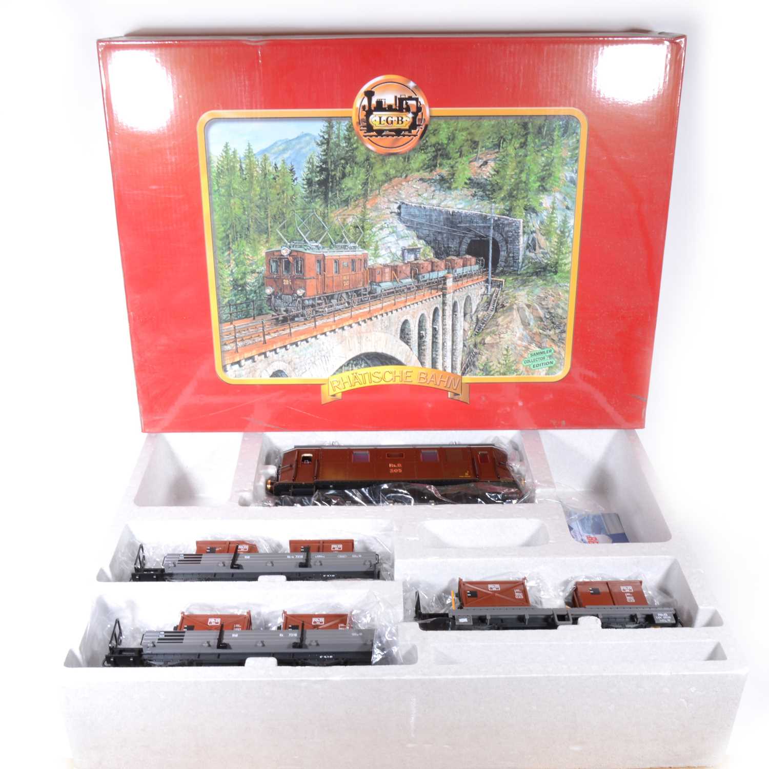 Lot 96 - LGB electric, G scale, RhB Schotter-Zug extra premium locomotive and rolling stock, no.29452, boxed.