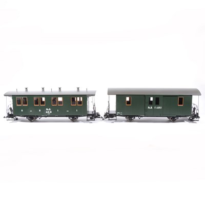Lot 107 - Four Brawa G scale, passenger coaches, RhB AB21, F.4051 and others, green, (4).