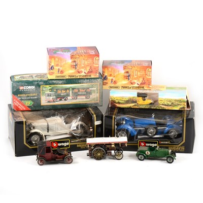 Lot 118 - A collection of die-cast models, including examples by Corgi, Matchbox, Burago and others, some built plastic kits and other models.
