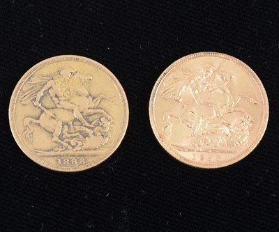 Lot 1316 - Two Victorian gold Sovereign coins, 1888 and 1893, (2).