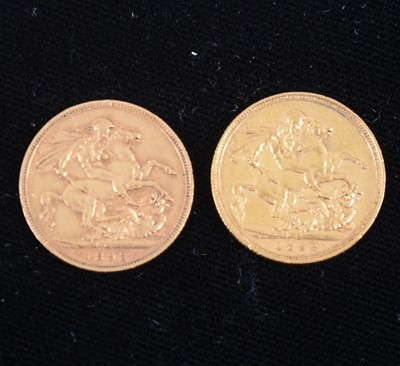 Lot 1315 - Two Victorian gold Sovereign coins, 1892 and 1893.