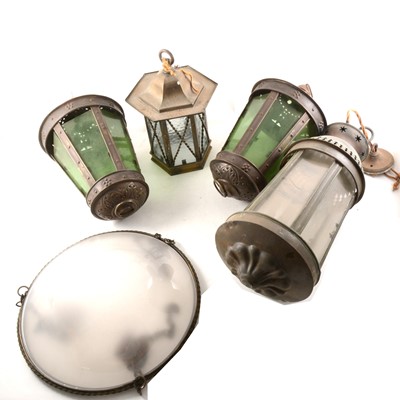 Lot 127 - A pair of metal hall lanterns, two other lanterns, and various frosted shades