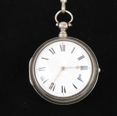 Lot 1366 - George Thornton silver pair case watch with silver double albert watch chain.