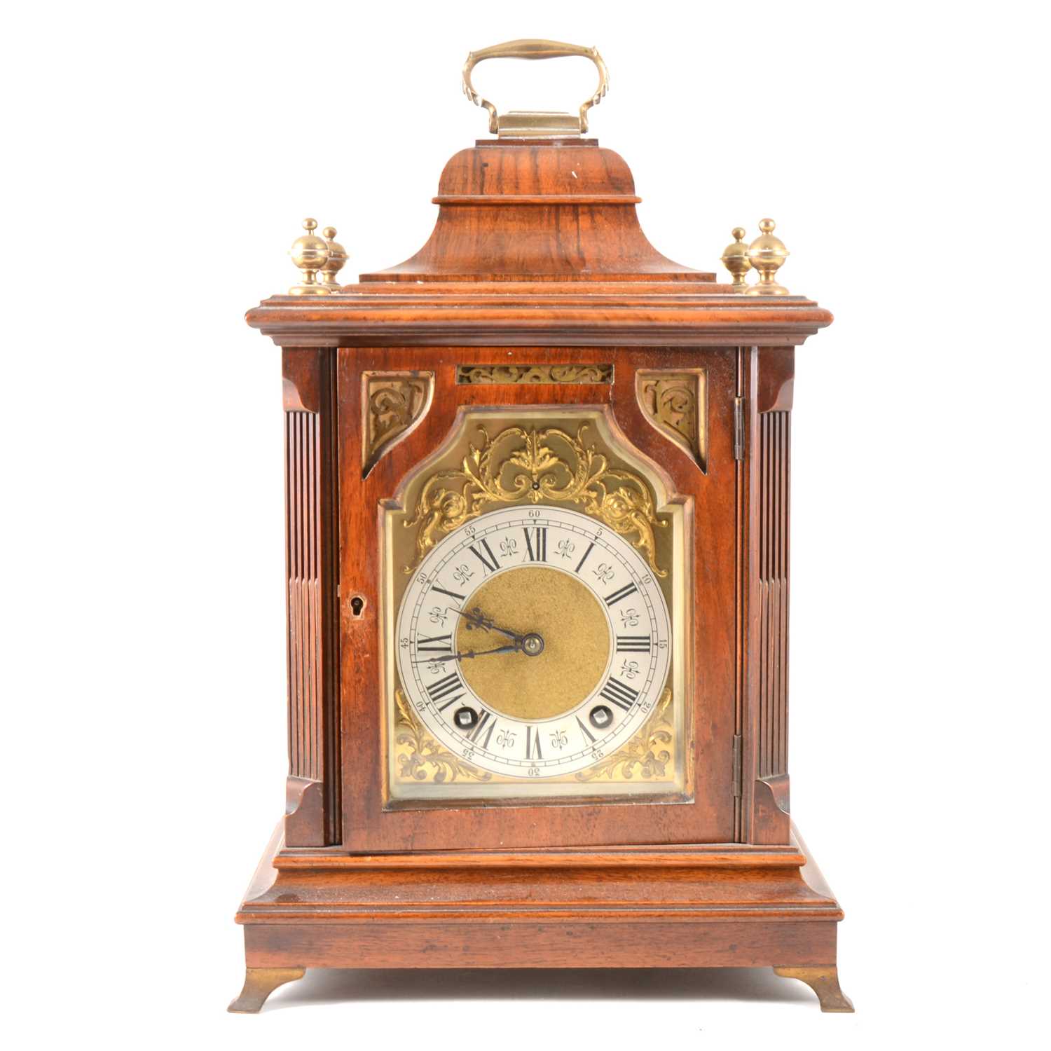 Lot 110 - A Walnut mantel clock, Lenzkirch movement striking on two gongs