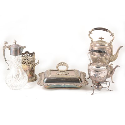 Lot 102 - Quantity of silver plated ware, including decanter stand, spirit kettle on stand, etc