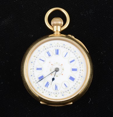 Lot 1358 - A yellow metal open face fob watch marked 0.755, 18c.