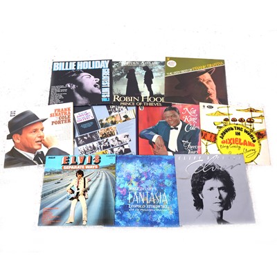 Lot 14 - Aprox100 vinyl LP records; mostly film soundtrack, easy listening, and pop, including Elvis Presley, James Bond Theme Dr No, Disney's Fantasia etc.