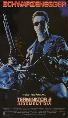 Lot 112 - Terminator 2; framed one sheet poster signed in gold pen by Arnold Schwarzenegger.