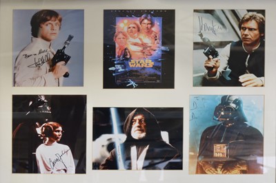 Lot 110 - Star Wars; framed presentation of five 10 x 8inch colour photos with signatures, Mark Hamill, Carrie Fisher, Harrison Ford, Alec Guinness and Dave Prowse