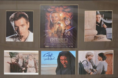 Lot 111 - Star Wars The Phantom Menace; framed presentation of five signatures on 10x8inch colour photos