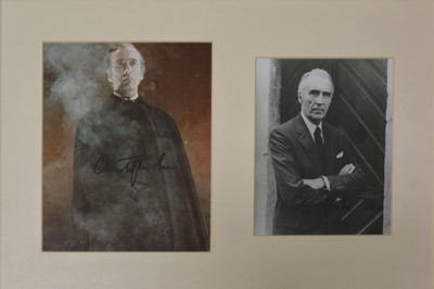 Lot 109 - Christopher Lee; two framed signed photos, one a colour 10x8inch as Dracula, the other a smaller b&w promo photo, framed and glazed together, 35.5x51cm.
