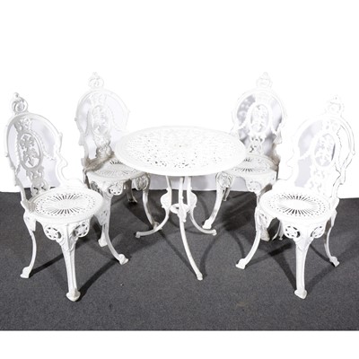 Lot 486 - A white painted metal patio table and four chairs