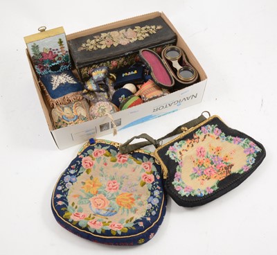Lot 1164 - A mid 19th century woolwork and metal glove box, a collection of vintage fabric pin cushions.