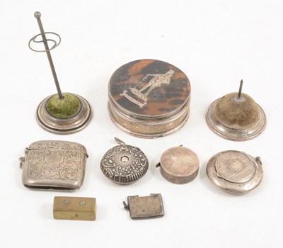 Lot 1158 - Two silver hat pin stands, vesta case, trinket box.